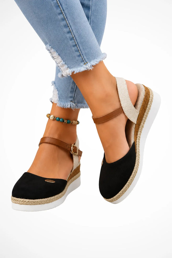 Black espadrille wedge sandal with ankle strap, front view