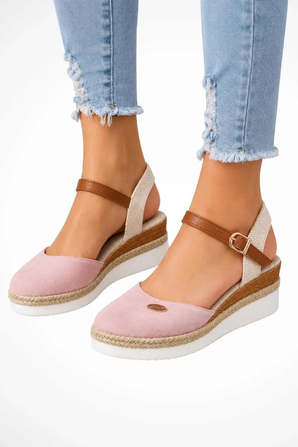 Pink espadrille wedge sandal with ankle strap, front view