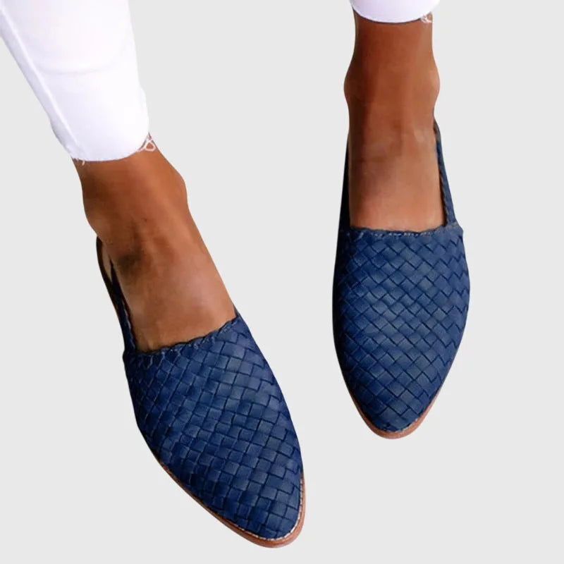 Blue woven pointed toe loafer, three-quarter angle view