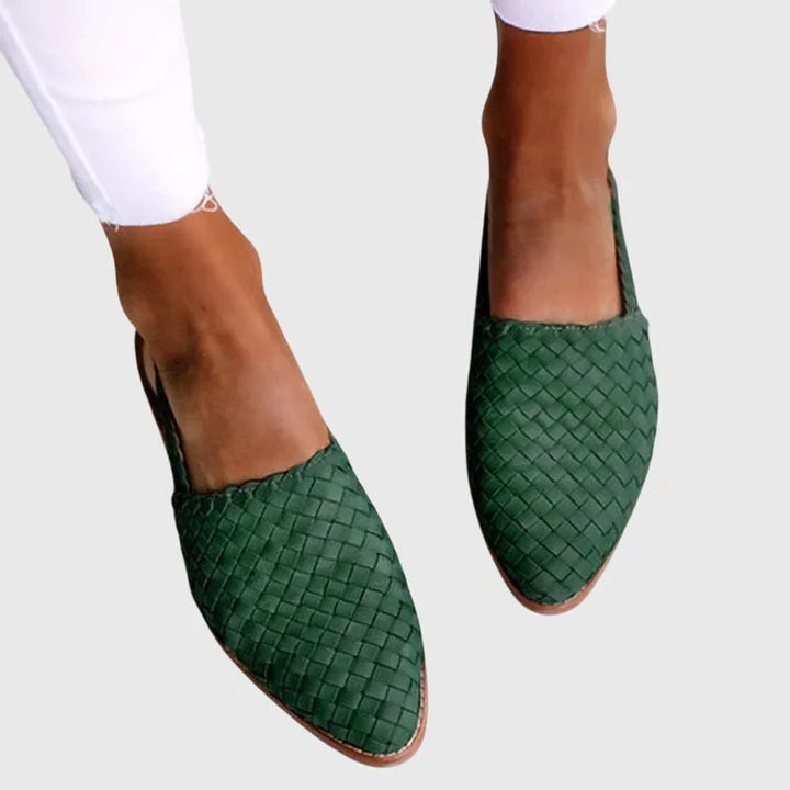 Green woven pointed toe loafer, heel view