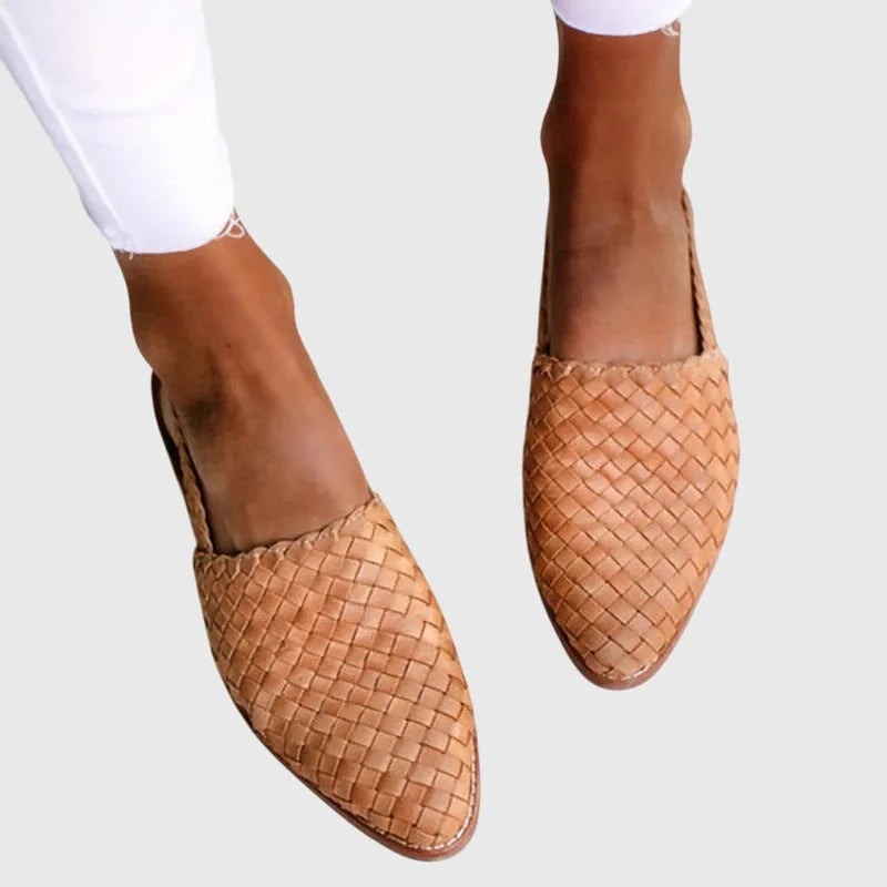 Light brown woven pointed toe loafer, front view