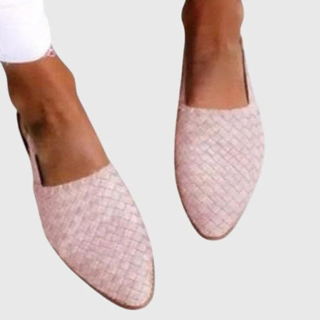 Light pink woven pointed toe loafer, close-up detail view