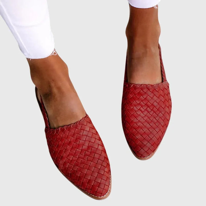 Red woven pointed toe loafer, side profile view
