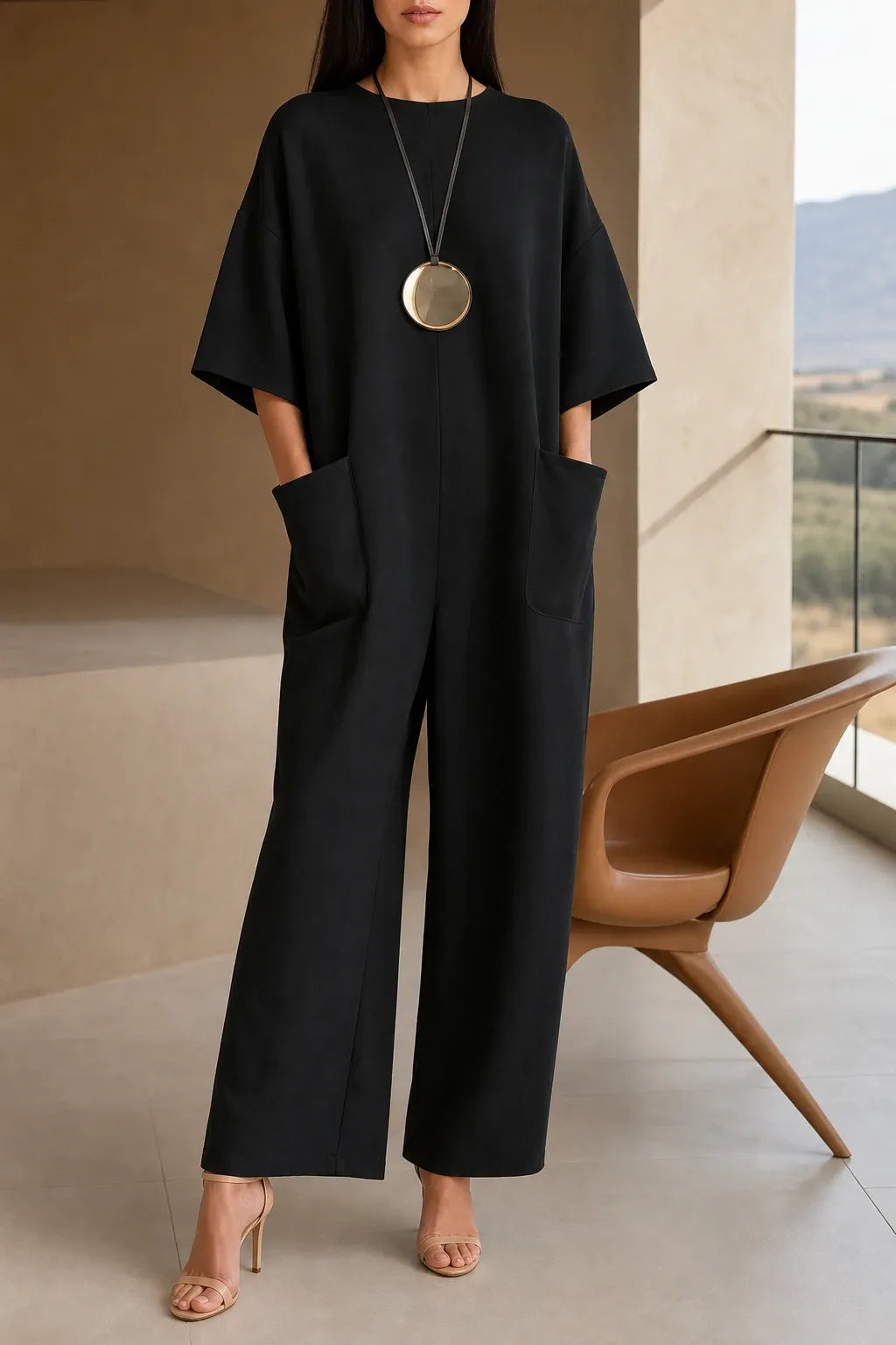 Black wide-leg jumpsuit on model in contrapposto stance