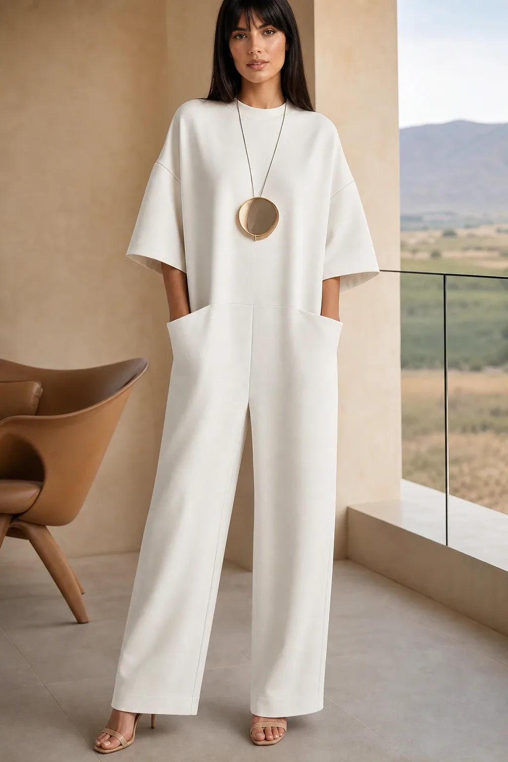 White wide-leg jumpsuit on model in contrapposto stance