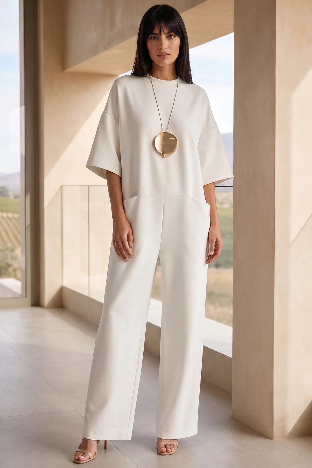 Model wearing white wide-leg jumpsuit in lifestyle setting