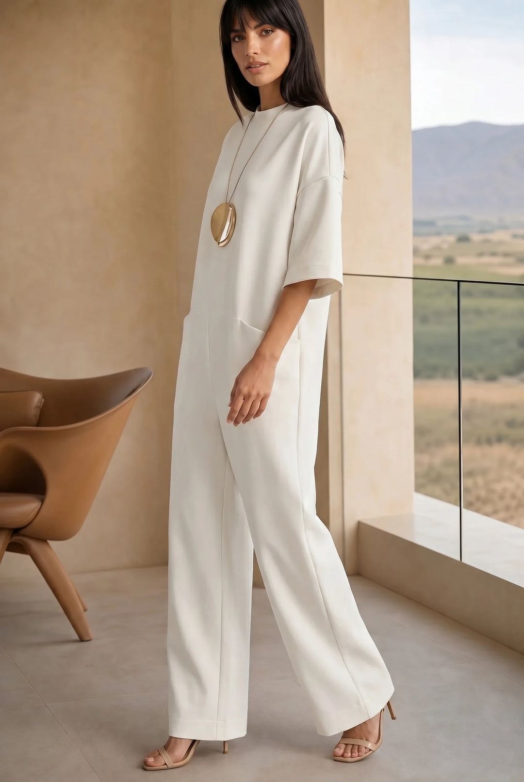 White wide-leg jumpsuit on model in three-quarter turn