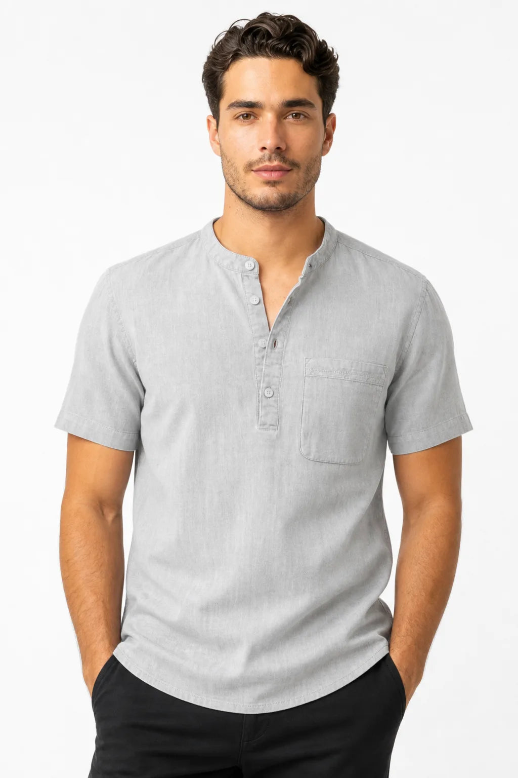 Gray linen henley popover shirt on male model in contrapposto stance