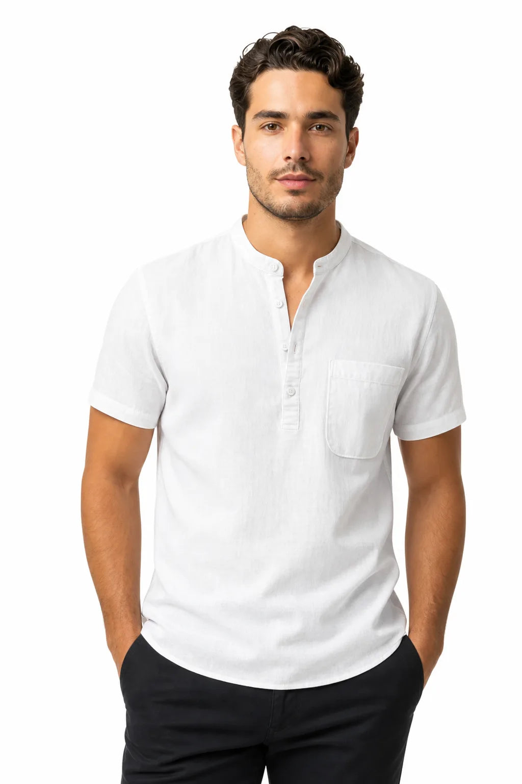 White linen henley popover shirt on male model in contrapposto stance