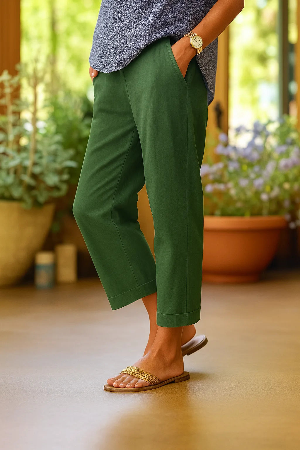 Close-up detail of the cuffed hem on green cropped pants