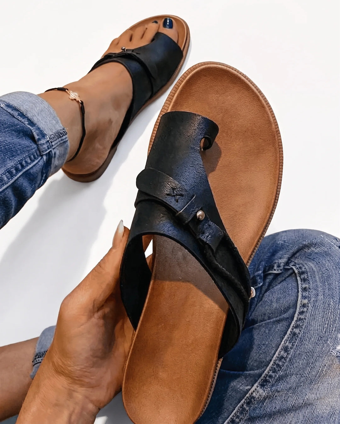 Black toe ring slide sandal, front view
