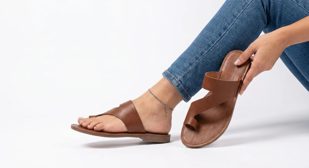 Brown toe ring slide sandal, front view