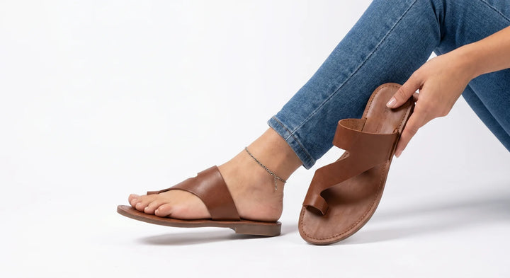 Brown toe ring slide sandal, front view