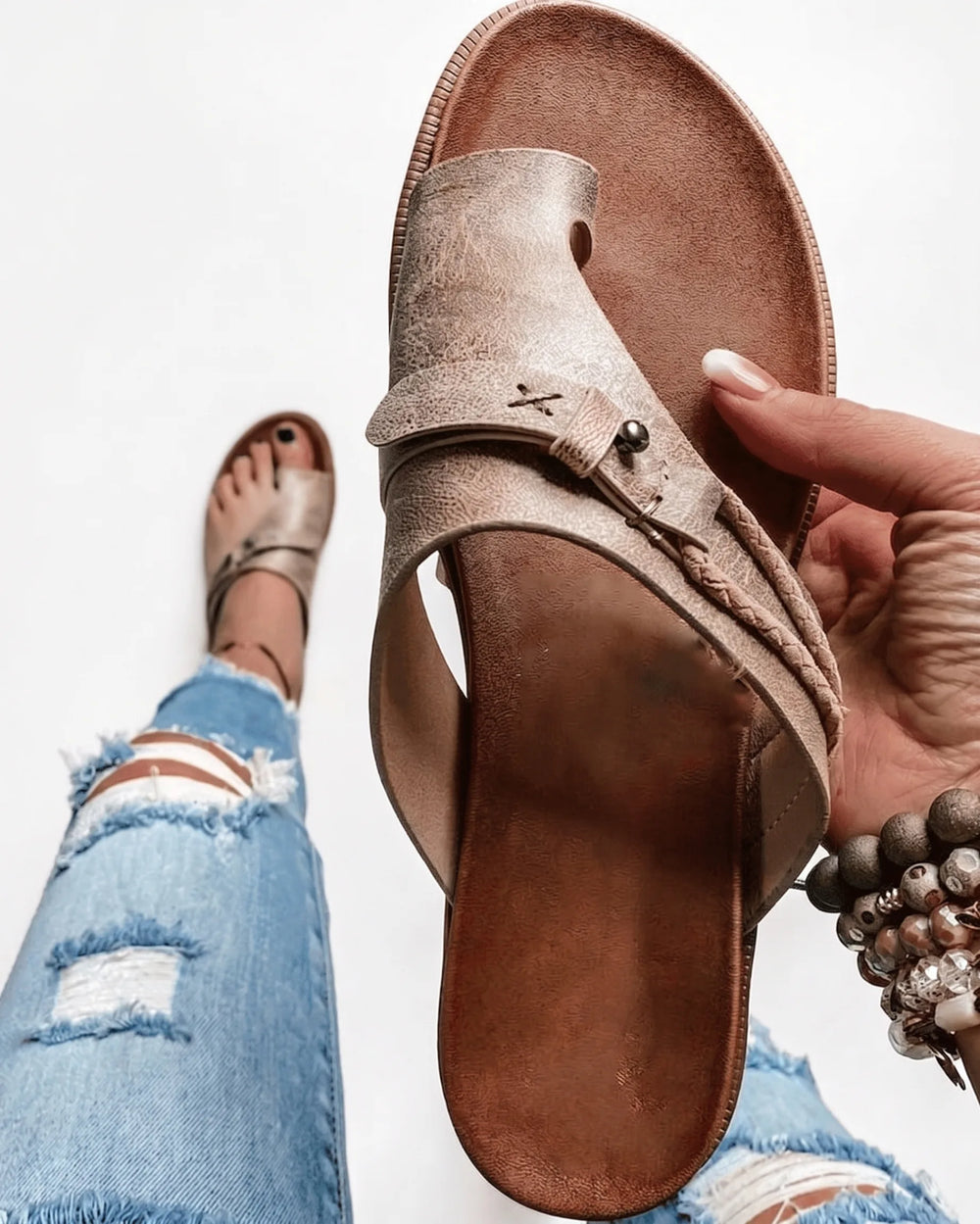 Khaki toe ring slide sandal, front view