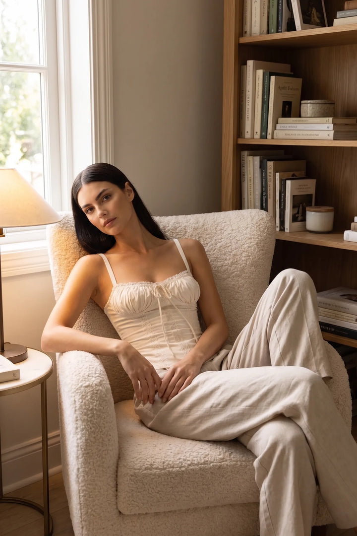 Model styled in a white lace trim corset cami in a casual lifestyle scene
