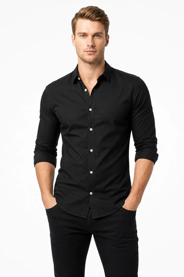 Black slim linen shirt on male model in contrapposto stance