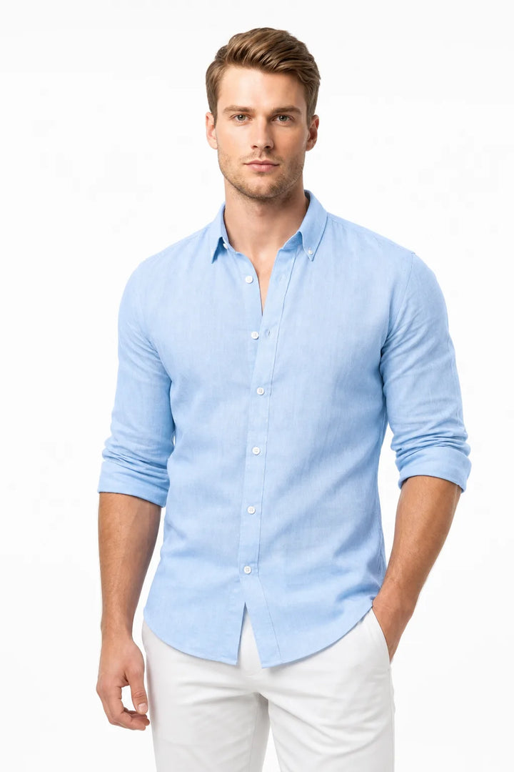 Blue slim linen shirt on male model in contrapposto stance