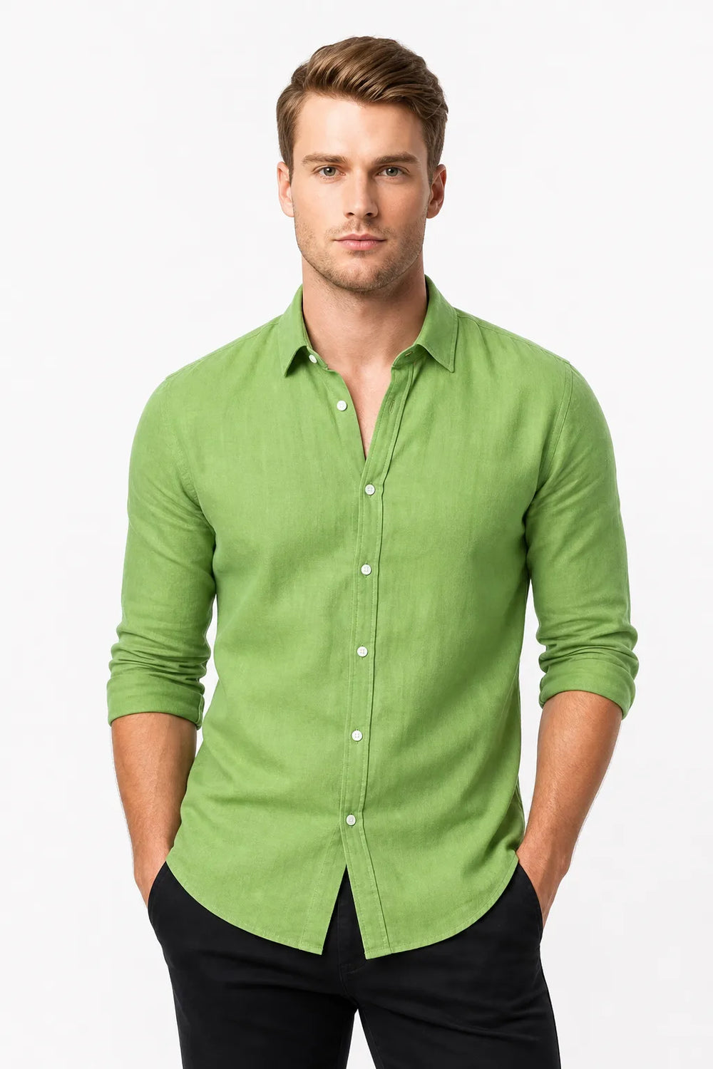 Green slim linen shirt on male model in contrapposto stance