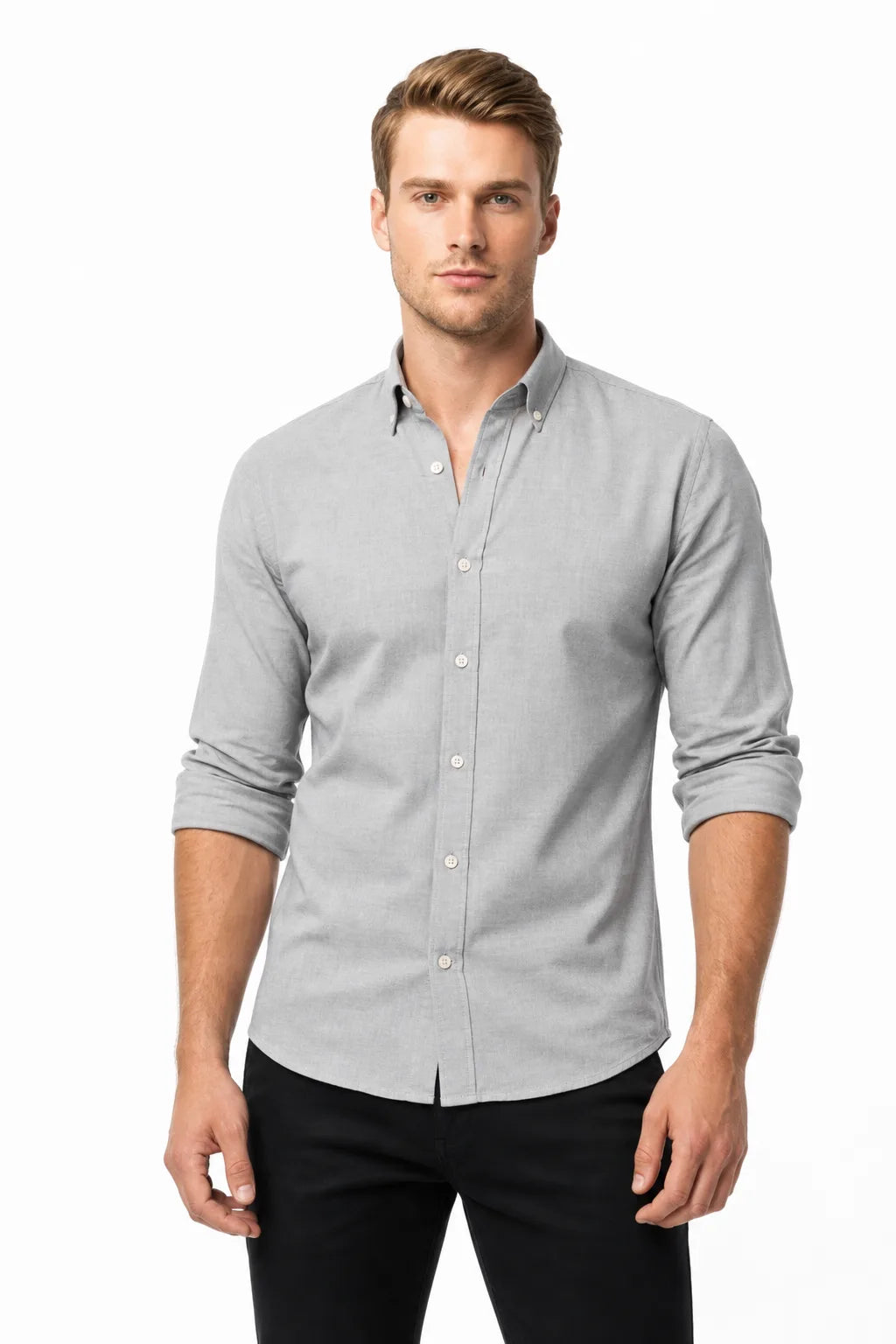 Grey slim linen shirt on male model in contrapposto stance