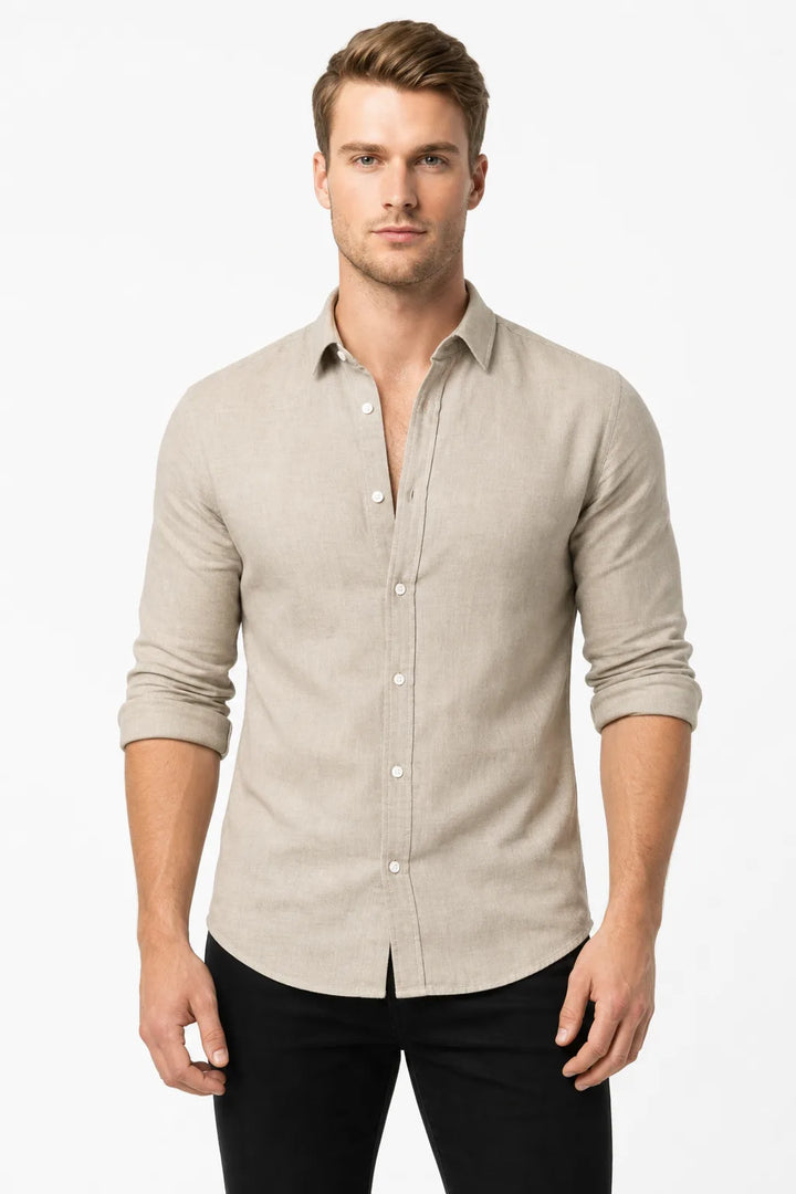 Khaki slim linen shirt on male model in contrapposto stance