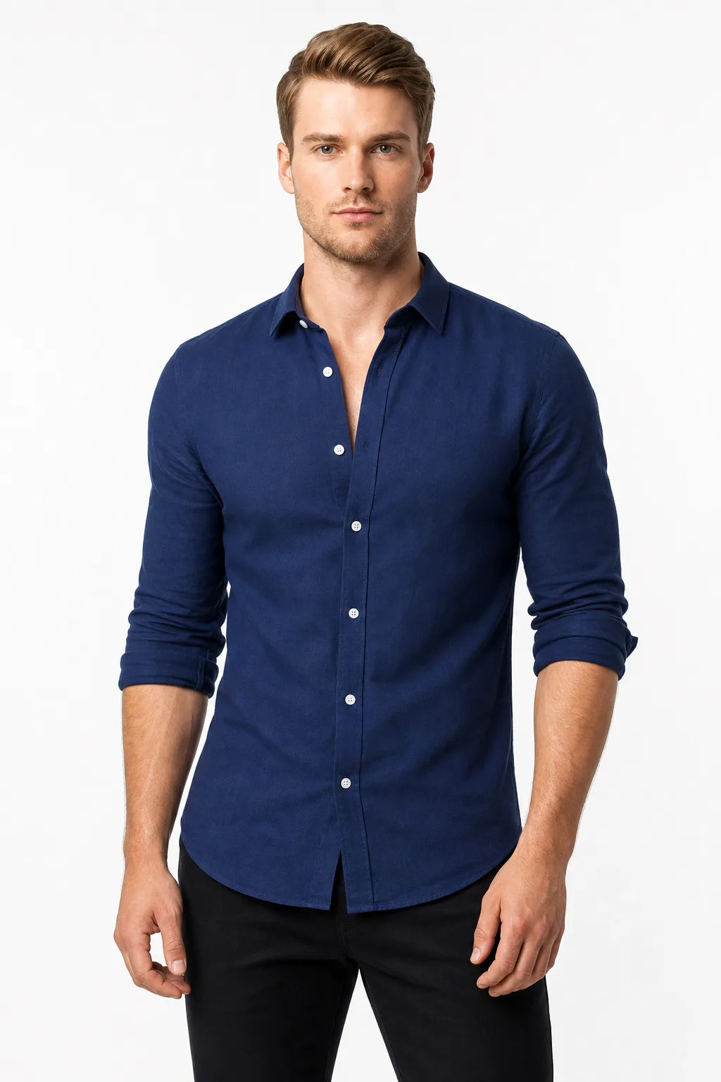 Navy blue slim linen shirt on male model in contrapposto stance