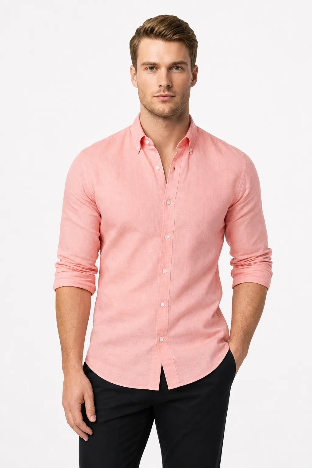 Pink slim linen shirt on male model in contrapposto stance