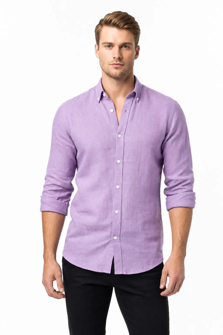 Purple slim linen shirt on male model in contrapposto stance