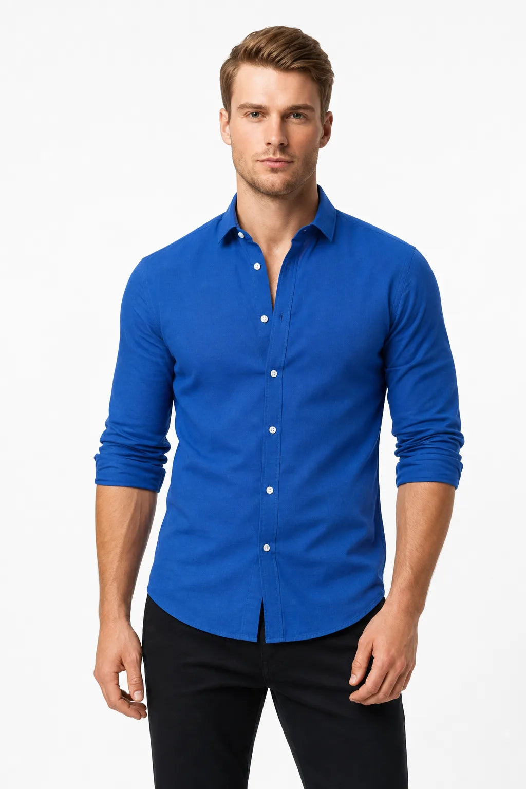 Royal blue slim linen shirt on male model in contrapposto stance