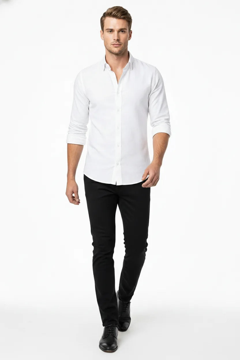 White slim linen shirt on male model in natural movement pose