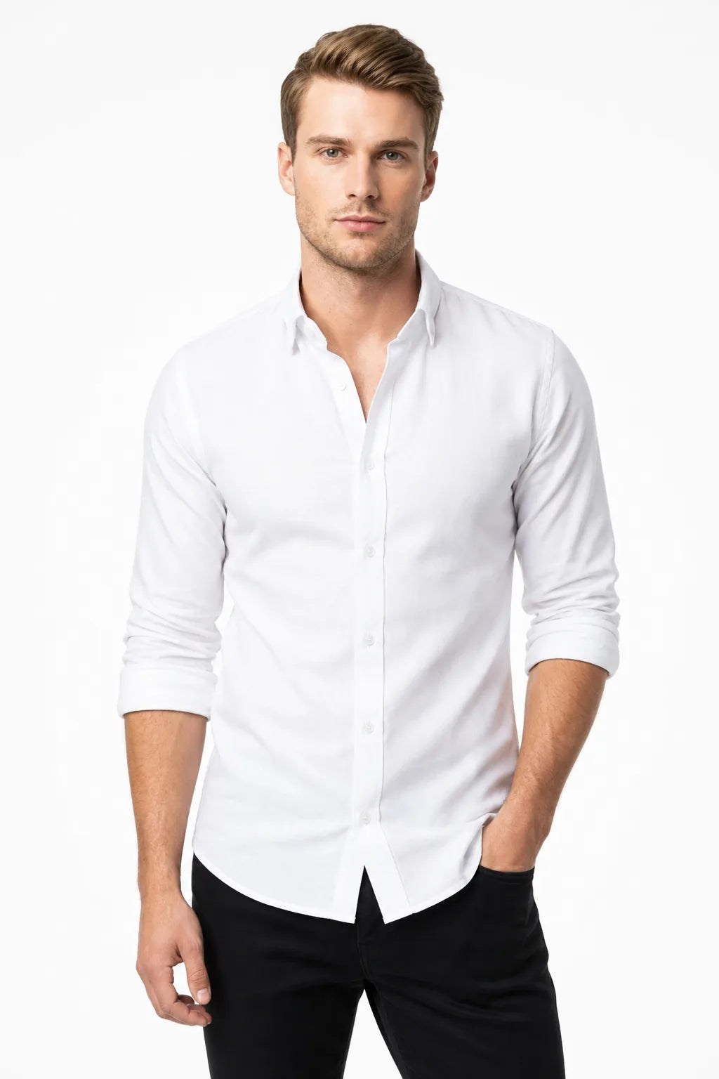 White slim linen shirt on male model in contrapposto stance