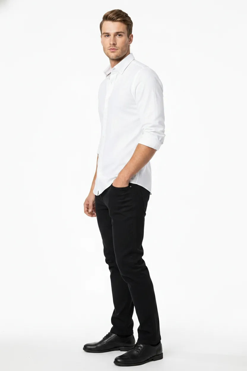 White slim linen shirt on male model in three-quarter turn