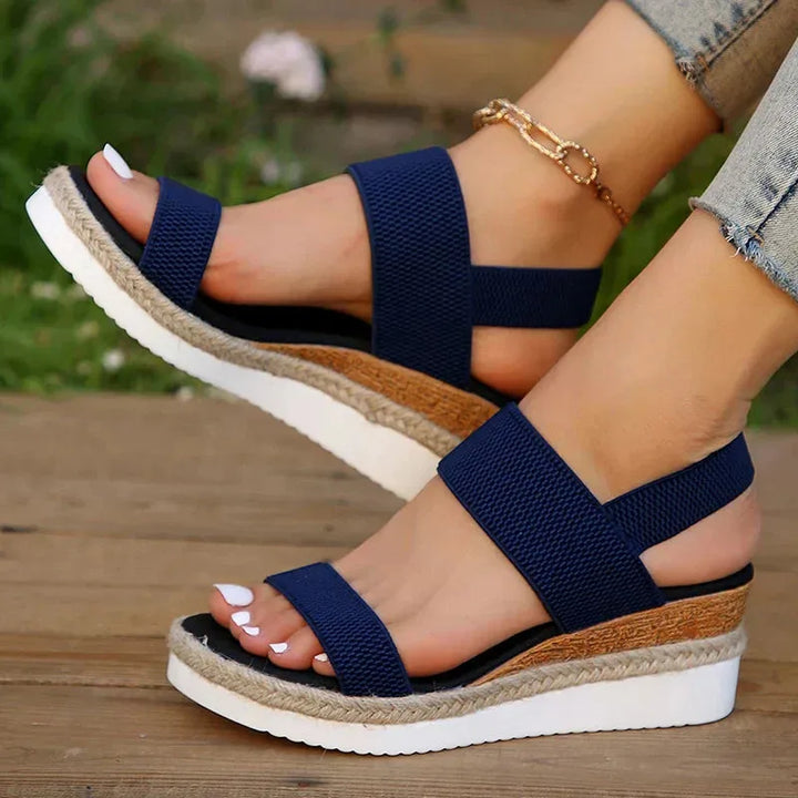 Brown wedge espadrille sandal, alternate angle showing upper strap construction