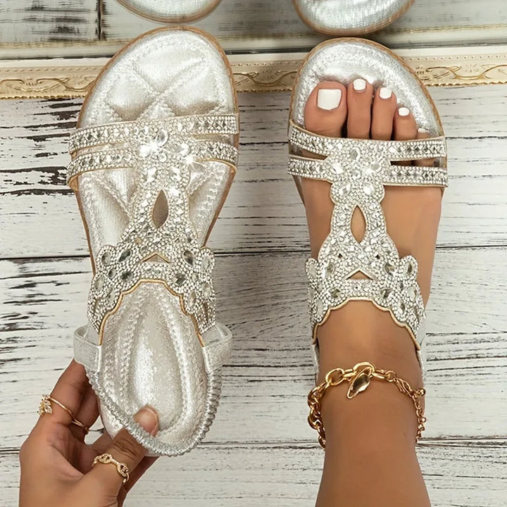 Silver rhinestone flat sandal with boho strap detailing