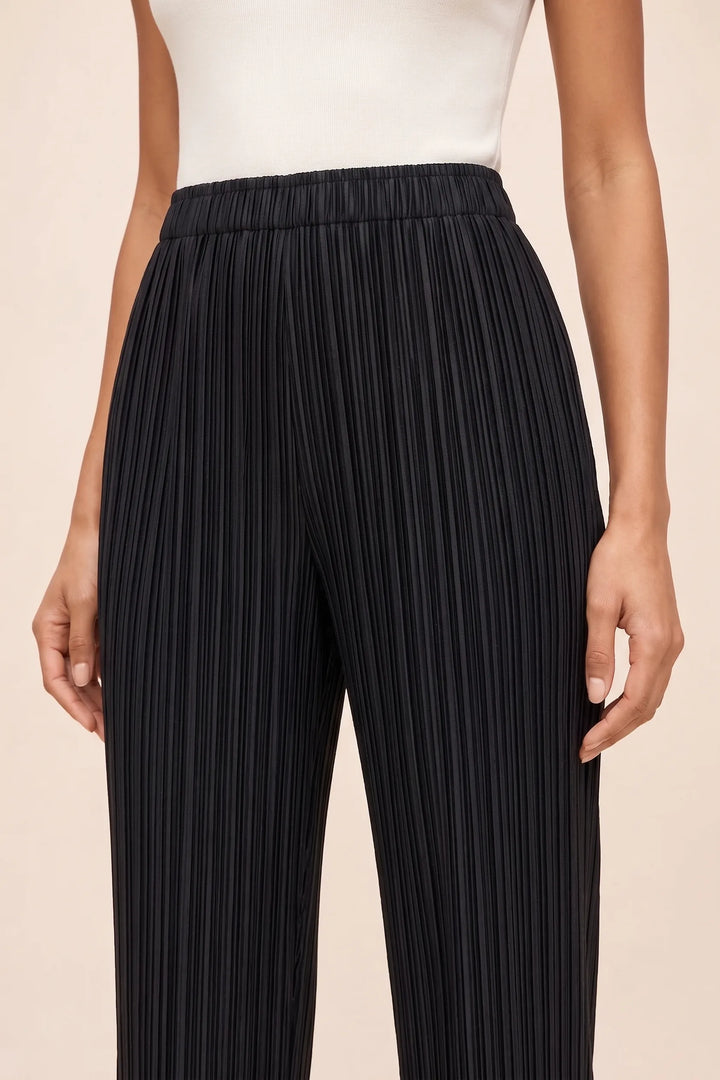 Close-up detail of black pleated cropped pants showing fabric and pleat texture