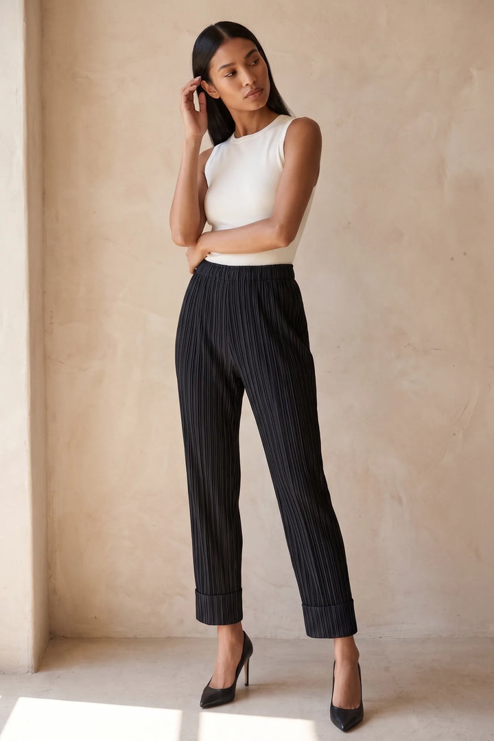 Model wearing black pleated cropped pants in a lifestyle setting