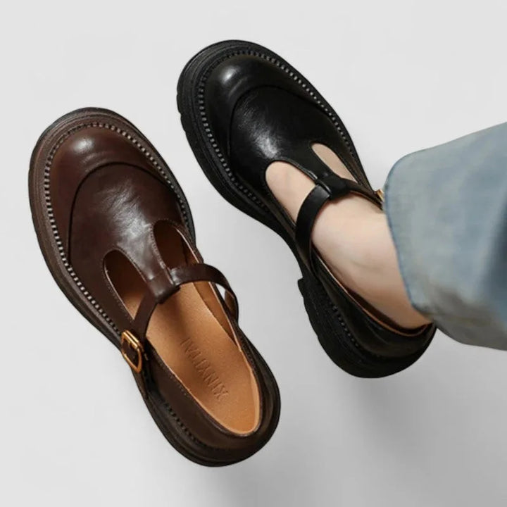 Brown platform T-bar Mary Jane shoe, overhead view showing full silhouette