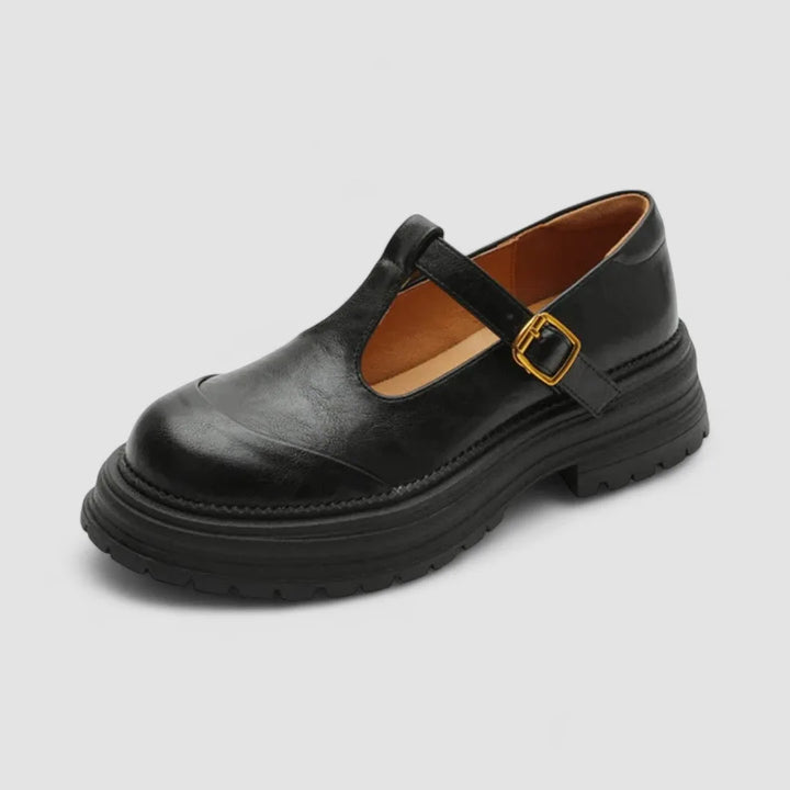 Brown platform T-bar Mary Jane shoe, interior view displaying lining and insole