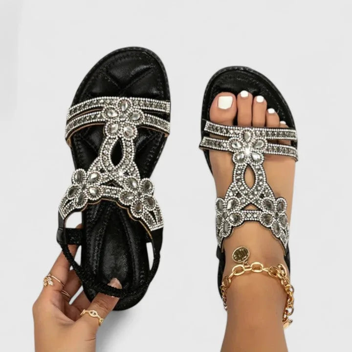 Black rhinestone embellished T-strap sandal, heel view