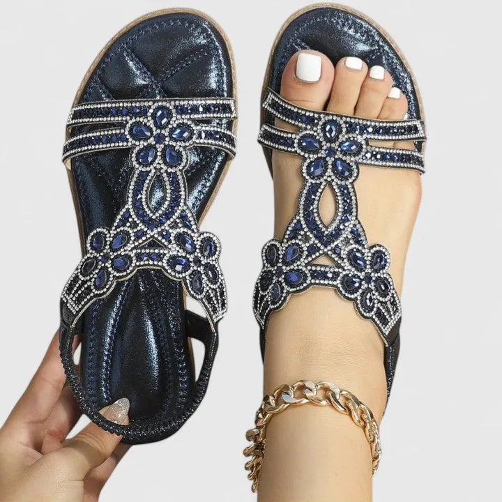 Blue rhinestone embellished T-strap sandal