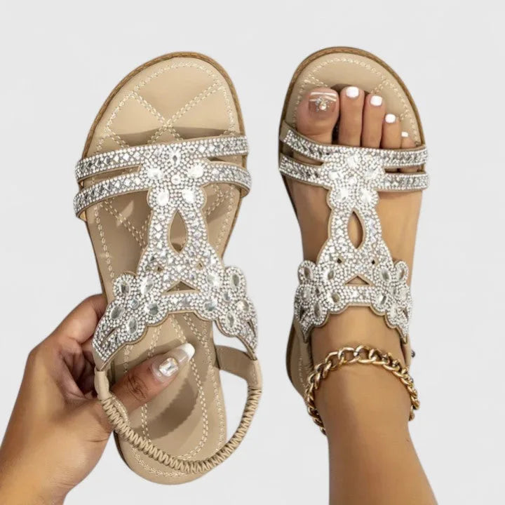 Khaki rhinestone embellished T-strap sandal