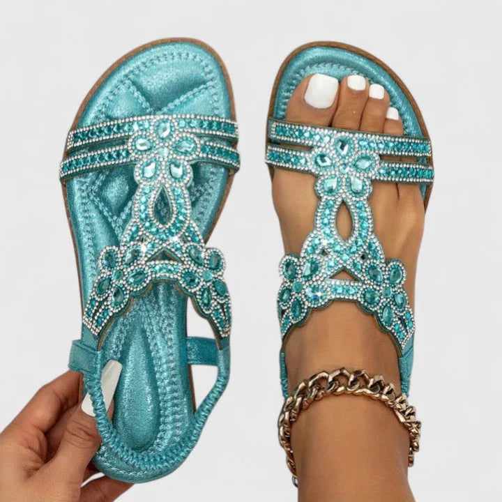 Light blue rhinestone embellished T-strap sandal, front view