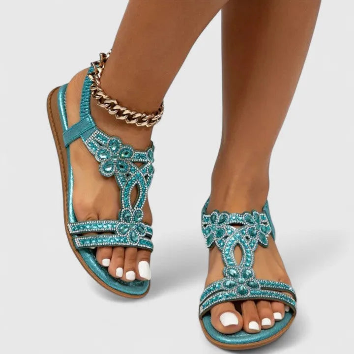 Light blue rhinestone embellished T-strap sandal, side profile view