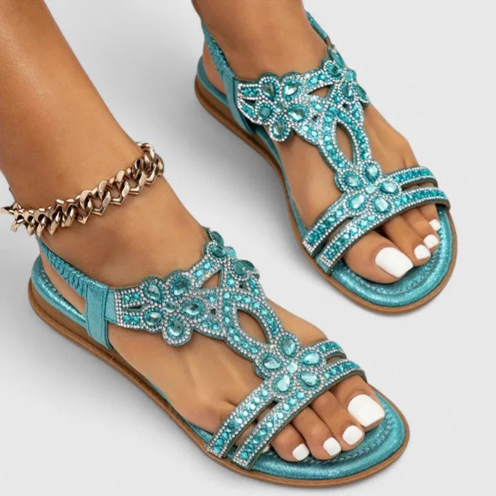 Light blue rhinestone embellished T-strap sandal