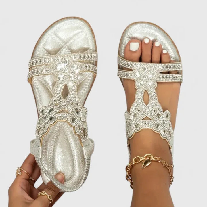 Silver rhinestone embellished T-strap sandal, three-quarter view