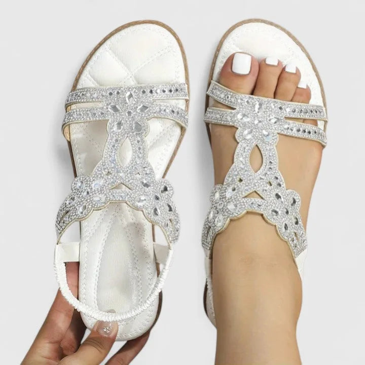 White rhinestone embellished T-strap sandal