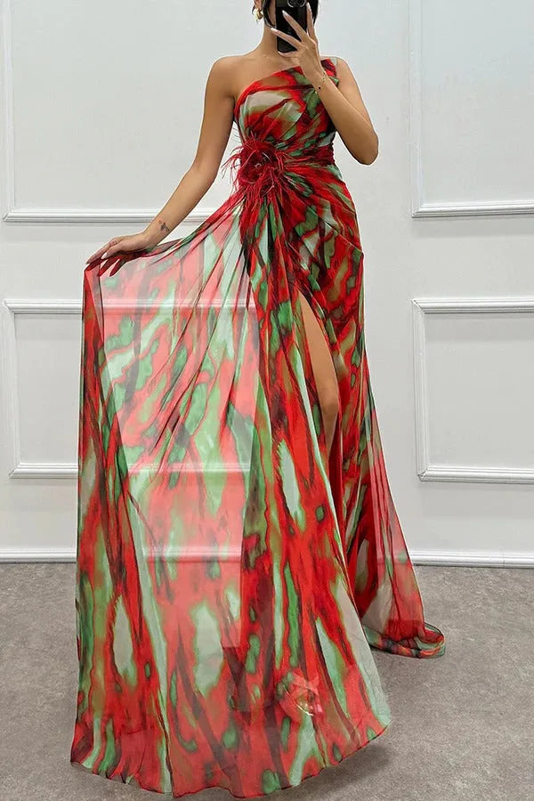 Model wearing a blue feather-trim maxi dress