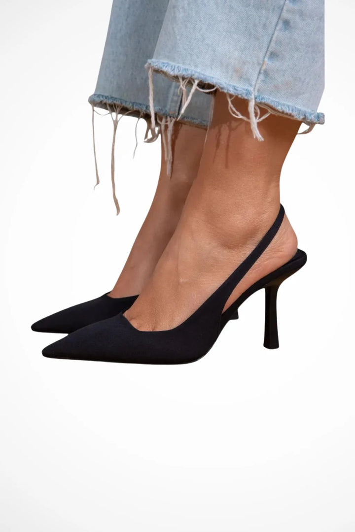 Black pointed toe slingback pump, front view
