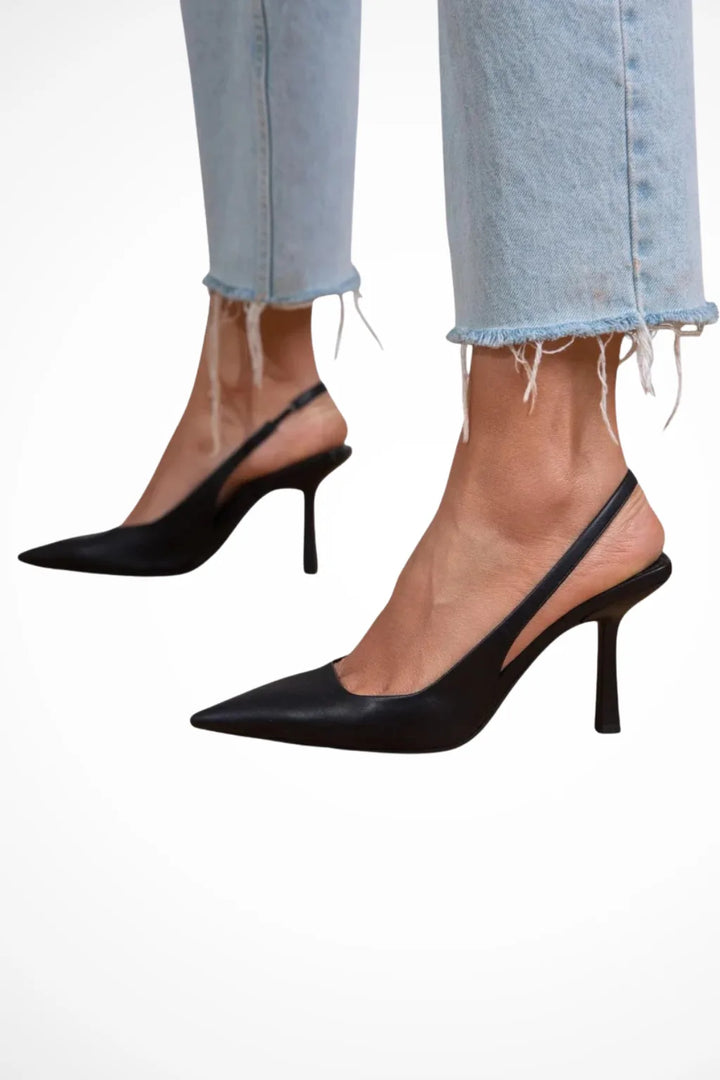 Black leather pointed toe slingback pump, front view