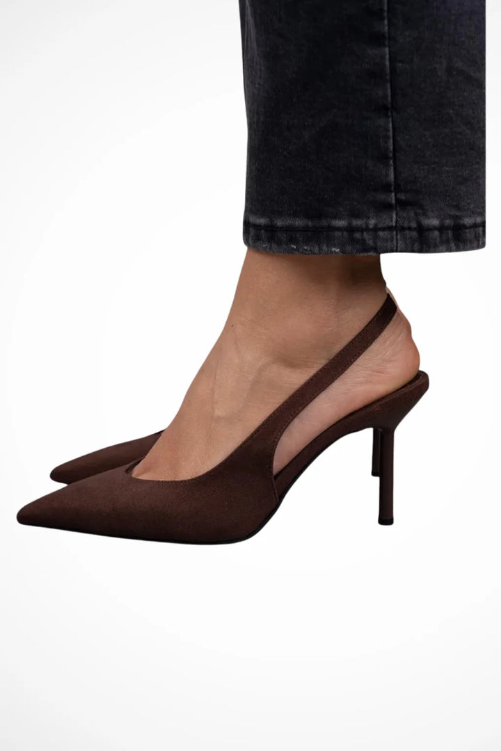 Brown pointed toe slingback pump, front view