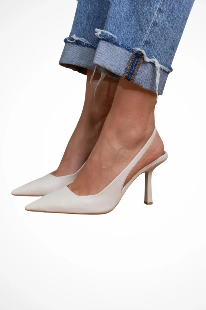 White leather pointed toe slingback pump, front view